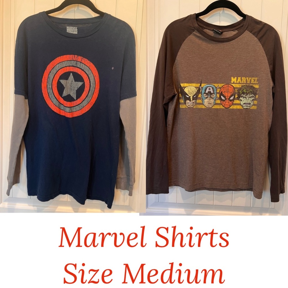 MAD Engine Marvel & Captain America Shield Tshirts, Both Medium Thrashed - Picture 1 of 15